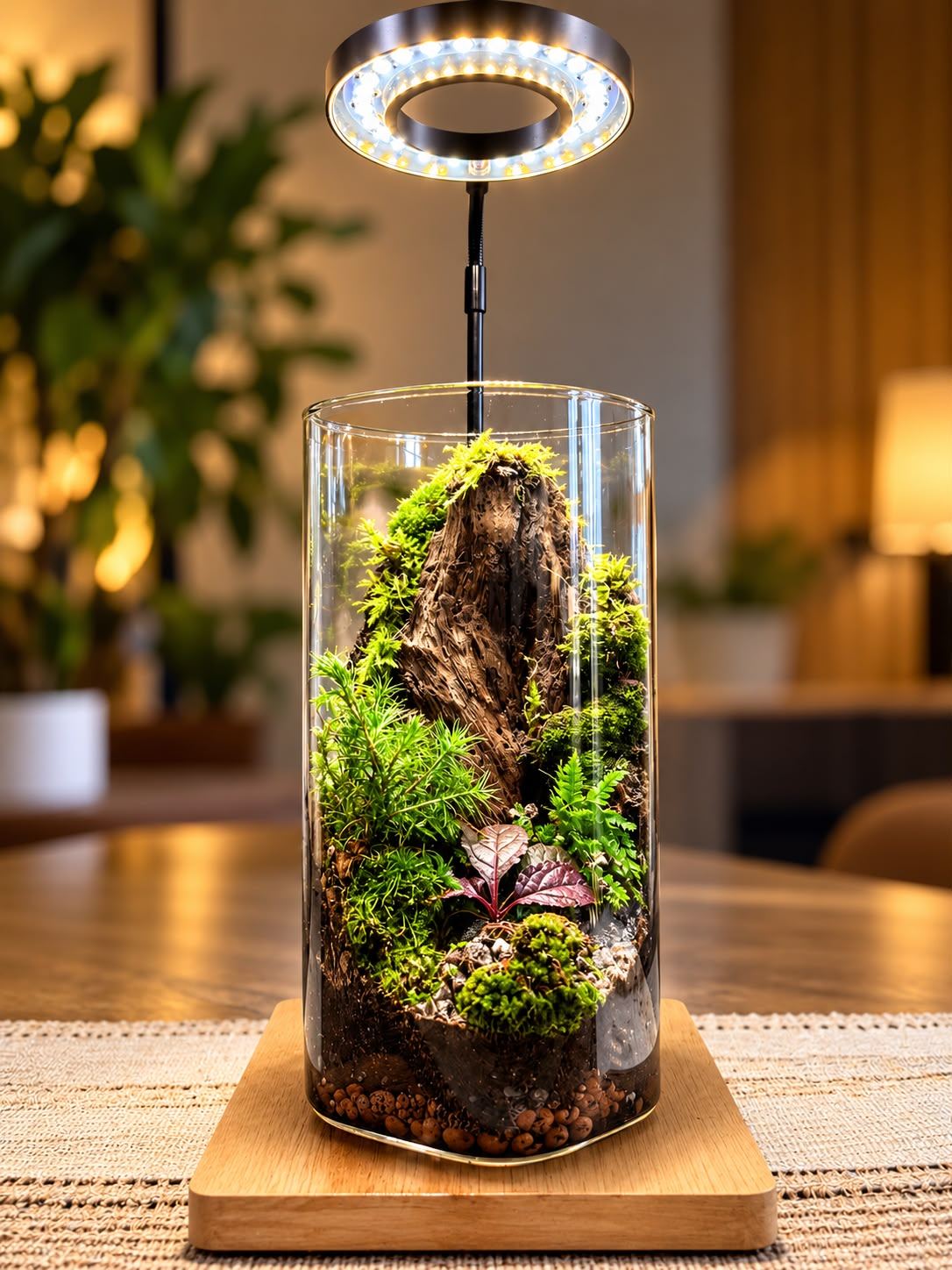 Glass cylinder terrarium with driftwood and moss on a wooden base