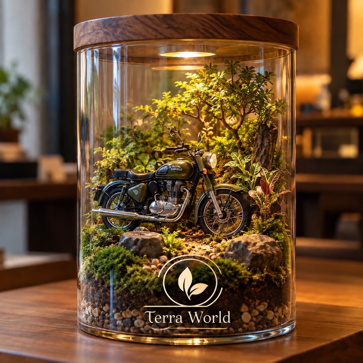 Custom terrarium built around a miniature vintage motorcycle, with moss and tiny trees