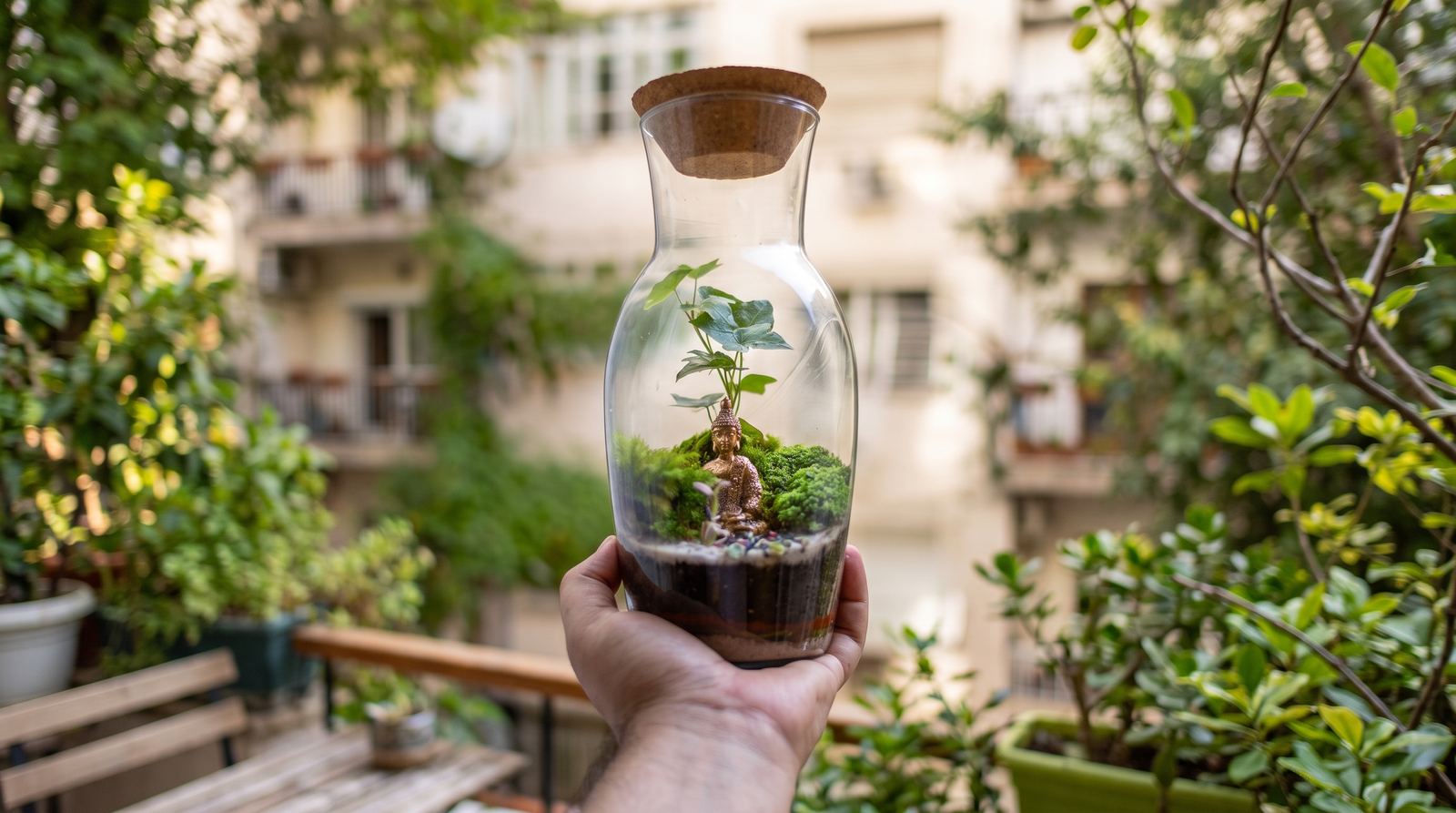 Hand holding a carafe terrarium in front of a leafy balcony