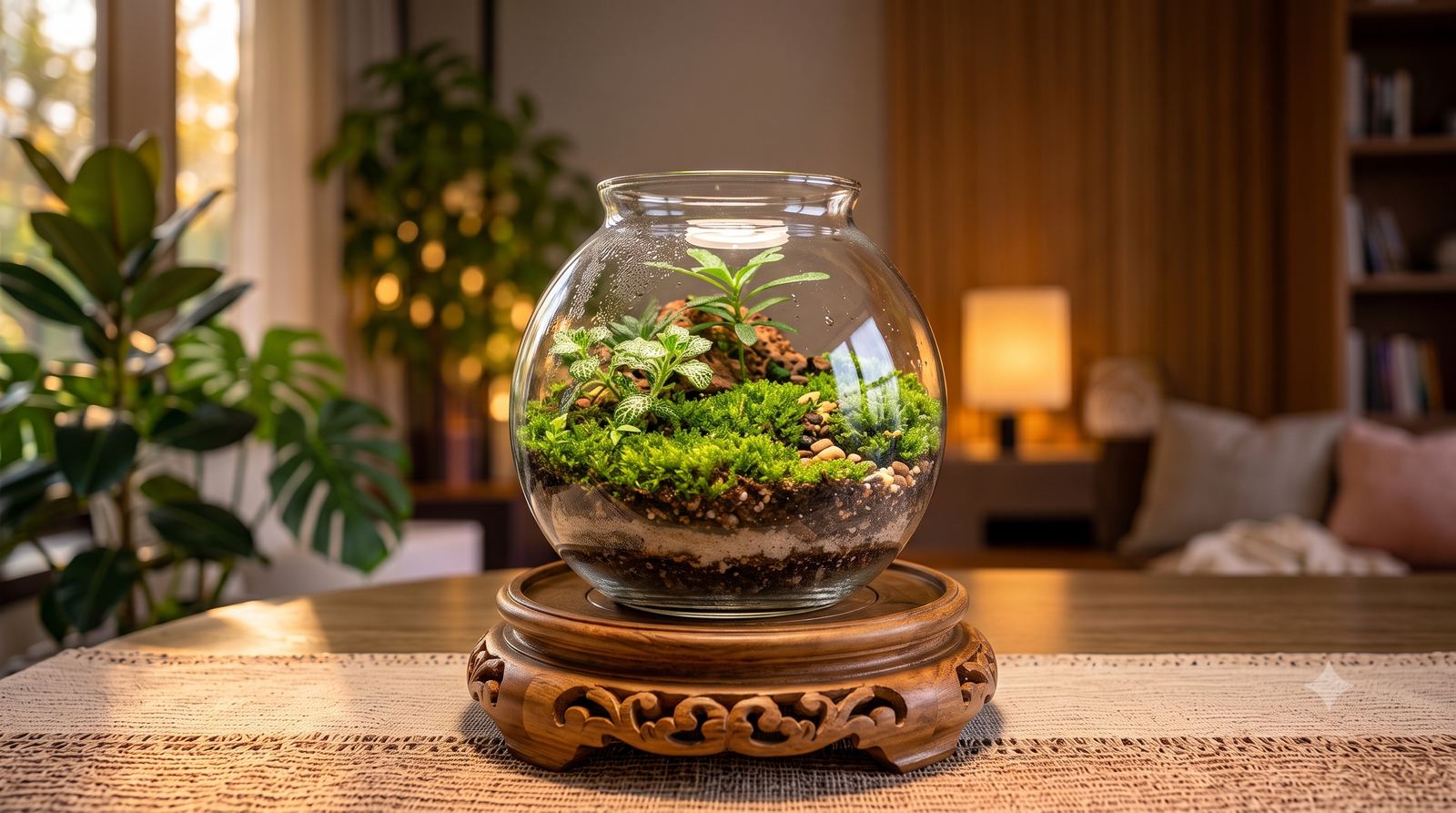 Round glass globe terrarium on a carved wooden stand