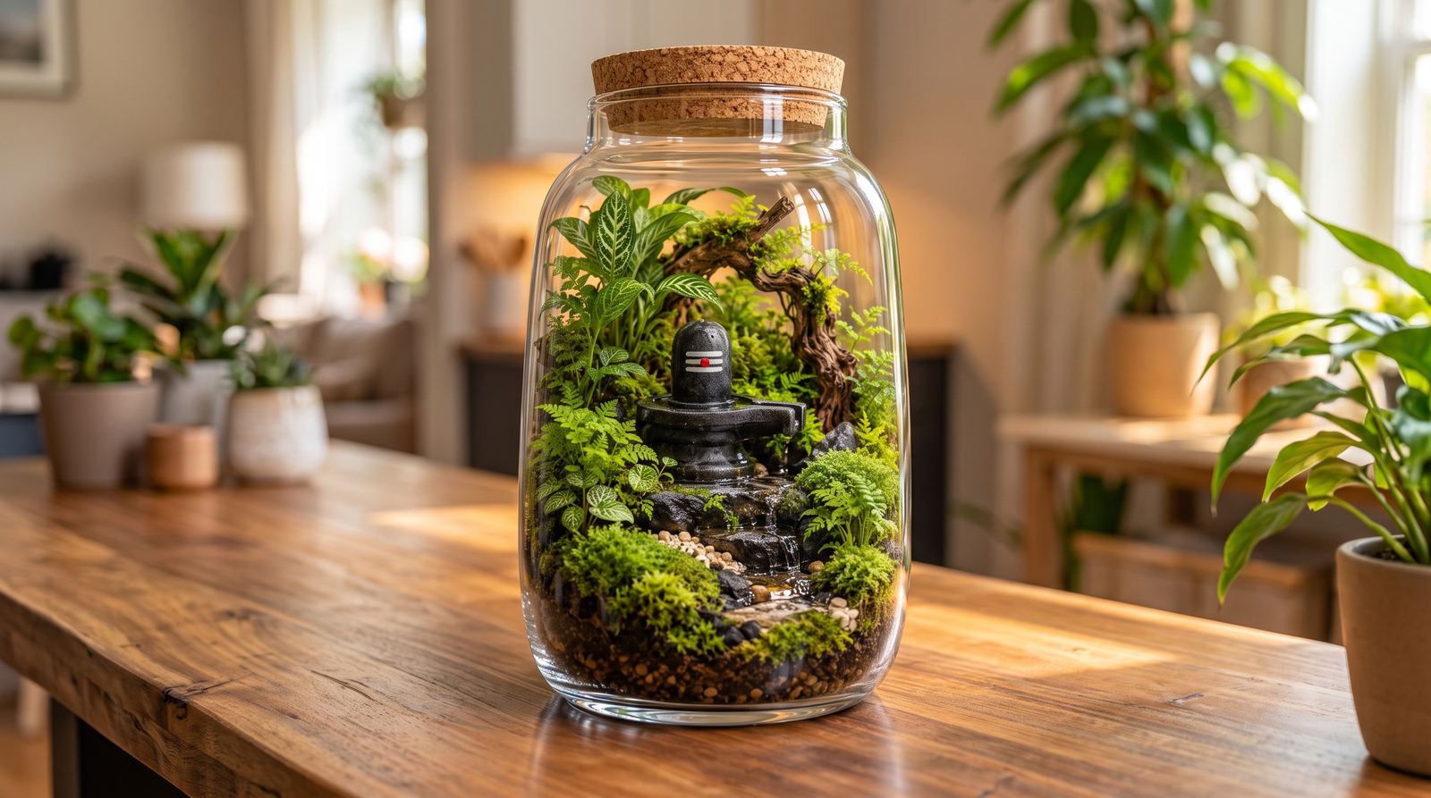 Cork-sealed jar terrarium with a temple miniature on a wooden table