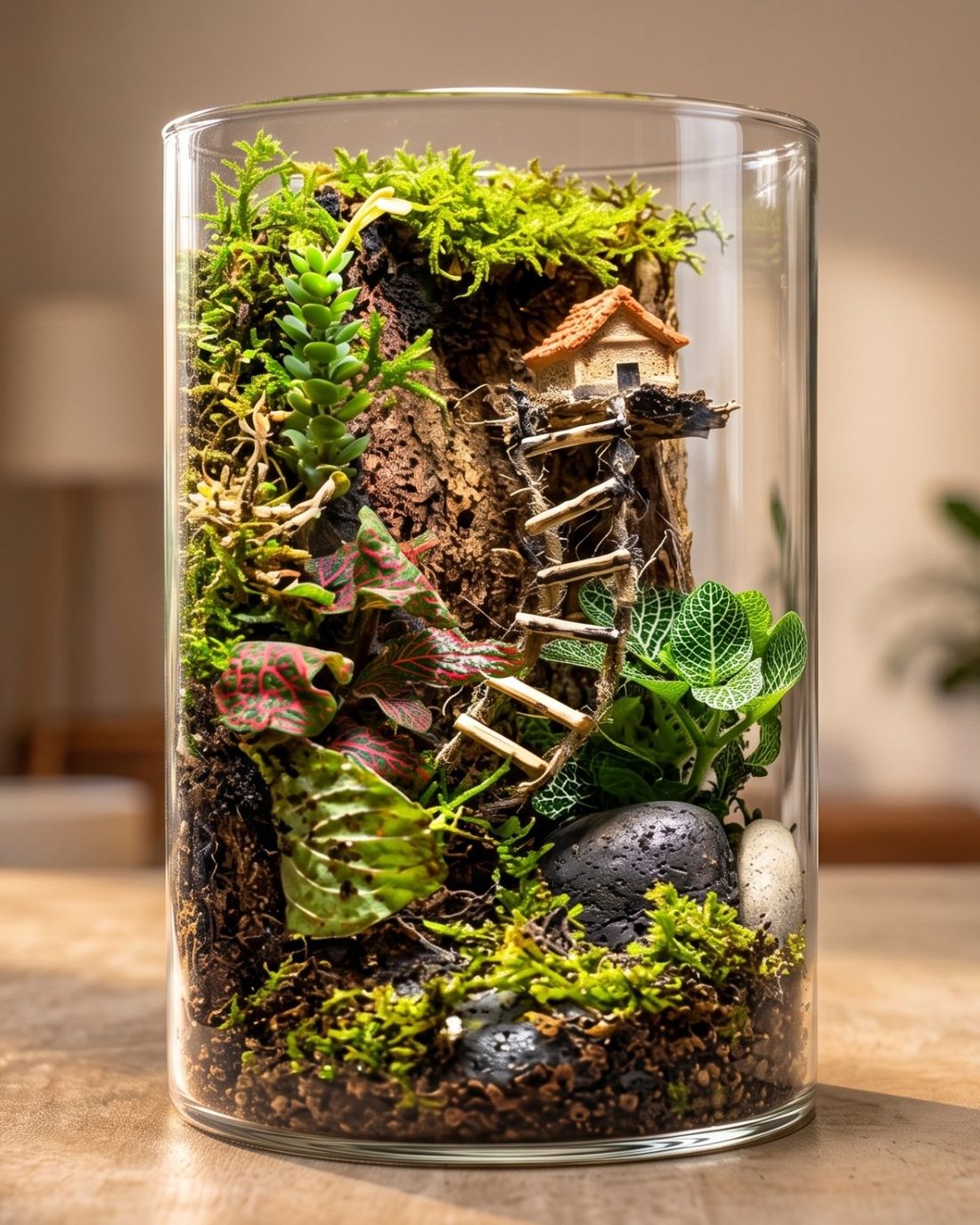 Closed glass cylinder terrarium with moss, fittonia, a tiny house and a twig ladder on a wooden table