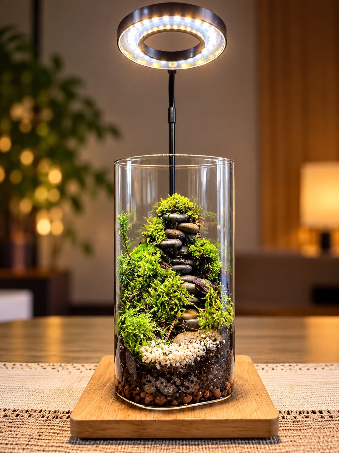 Glass cylinder with a stacked stone path and moss